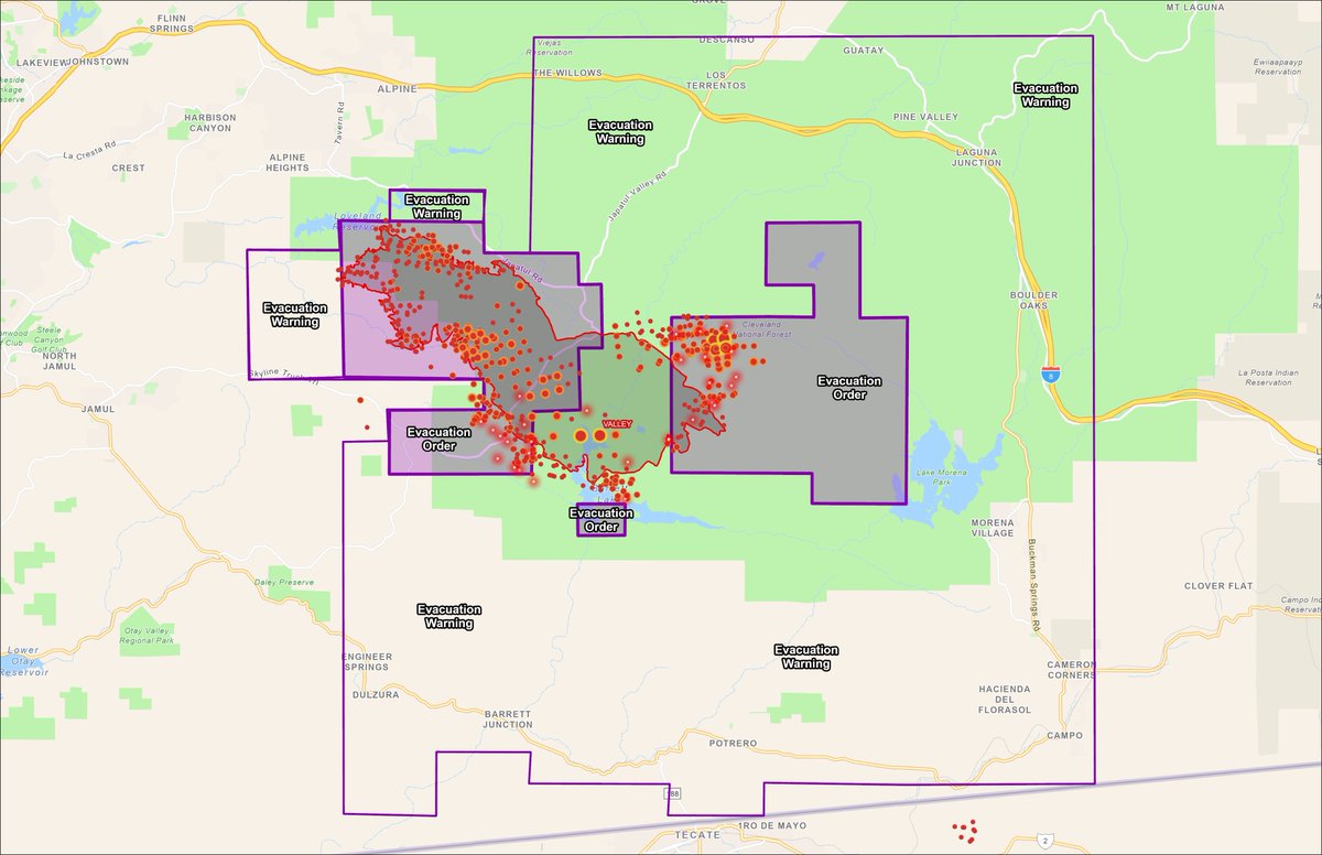 VandalayExport's tweet photo. San Diego friends. #ValleyFire Update. The web map shows the latest fire perimeter with heat sources and overlayed with evacuation info. 

Fire Map Link: https://t.co/iZxaDCXD8V
Evacuation Map: https://t.co/Fady938tZ9

#FireMappers https://t.co/UzV7S9uNLP
