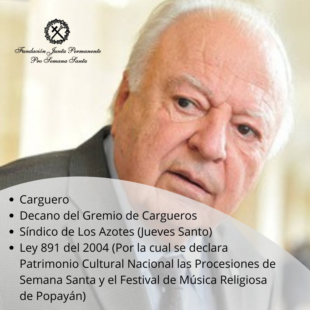 La Junta Permanente Pro Semana Santa lamenta profundamente el fallecimiento del Dr. Aurelio Iragorri Hormaza, payanés siempre vinculado a las procesiones de Semana Santa de Popayán. A sus familiares y amigos un sentido pésame por parte de toda la comunidad semanasantera.