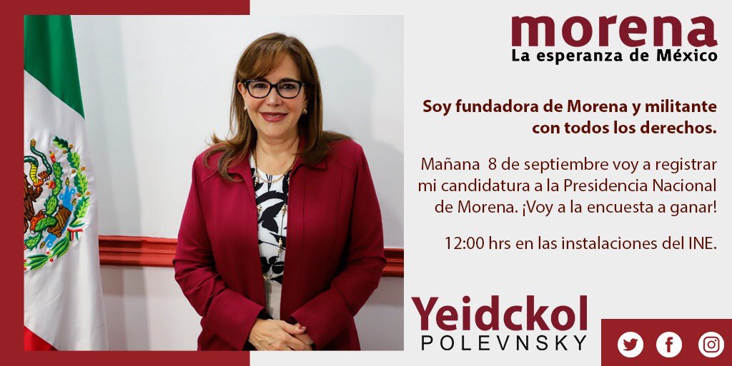 Mañana presento mi solicitud en el <a href="/INEMexico/">@INEMexico</a> para participar en el proceso en que se decidirá la presidencia de #Morena ¡voy  a la encuesta a ganar! #Yeidckol #Morena #Unidad