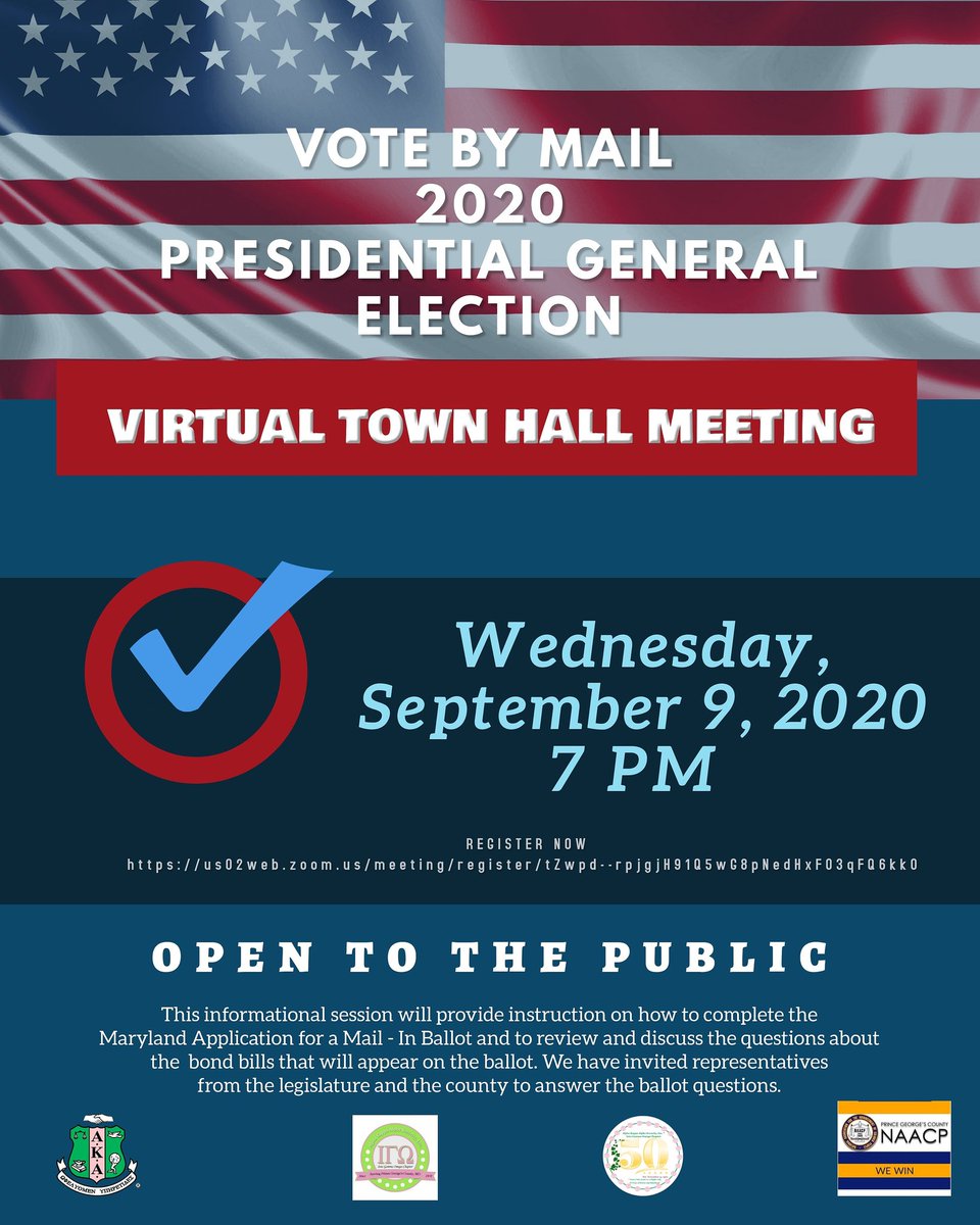 IGOAKAs's tweet photo. Register today for the FREE upcoming virtual town hall to learn about the Maryland mail-in ballot application and the bond bills on the November ballot. September 9 @7pm-9pm
 🗳 🇺🇸 #VotingisASeriousMatter https://t.co/1etxqr5MNQ