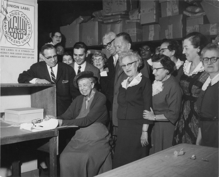 17) First Lady Eleanor Roosevelt was a strong supporter of labor issues and lifelong friend of ILGWU. She developed a good relationship not only with leadership, but members too, encouraging cooperation with unions. Image: Eleanor Roosevelt at the 1959 ILGWU Union Label campaign.