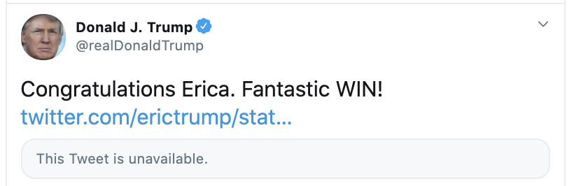 BobBrigham's tweet photo. Trump's latest tweet is hilarious for those of us blocked by Eric Trump.
He's such a βοΈ that #EricaTrump may trend... https://t.co/jYv3tqXV7q