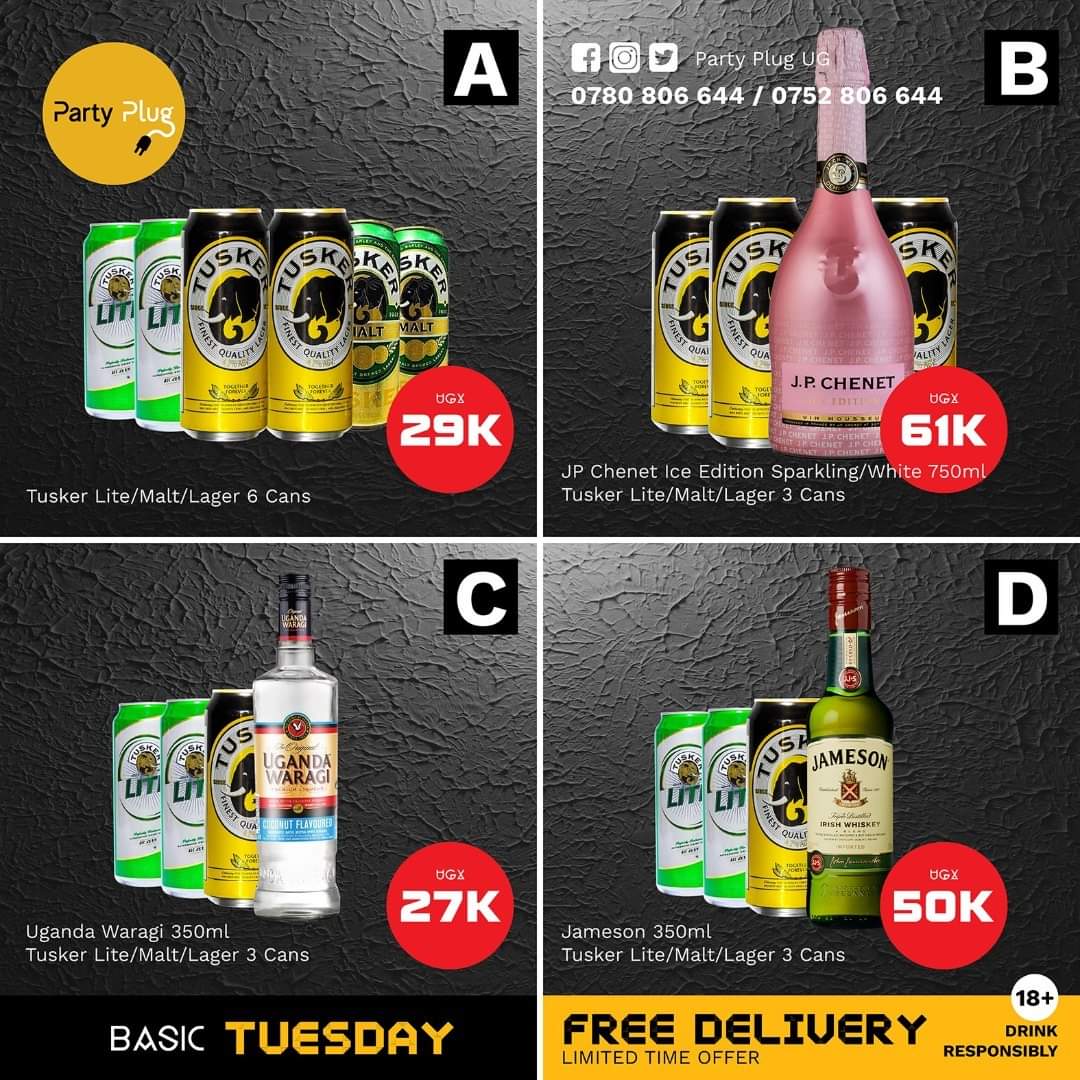 partyplugug's tweet photo. Pick a combo and let's deliver to you FREE OF CHARGE. 😀

@TuskerLager @tuskerlite256 @TeamJamesonUG @UgandaWaragi @JPChenetCanada 

#PartyPlug #TuesdayVibes #TuesdayOffers https://t.co/zZGNNTY9KQ