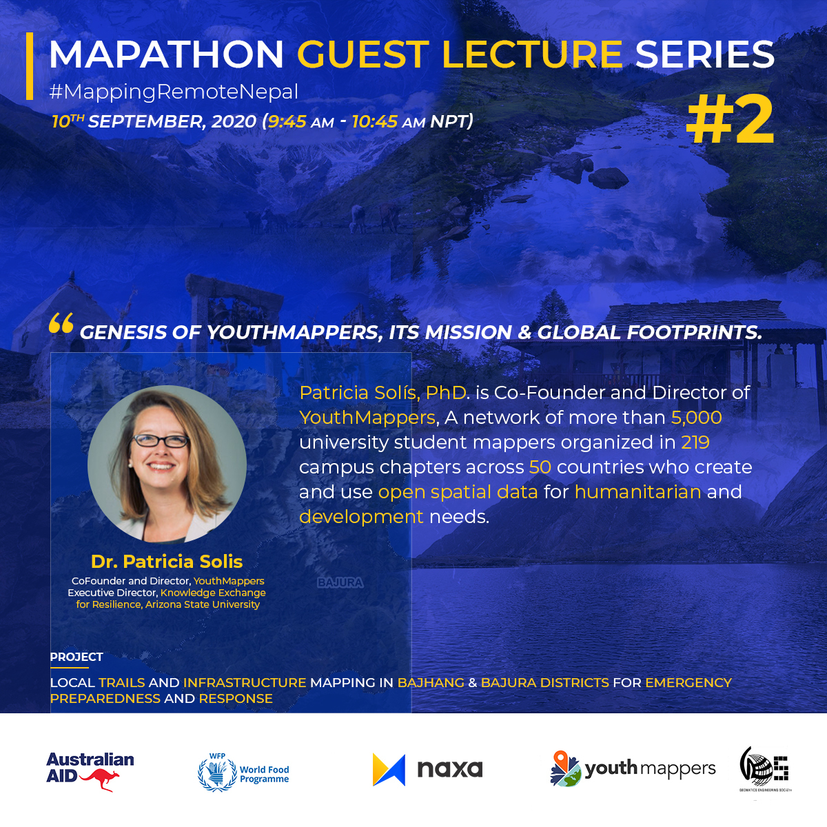 naxanp's tweet photo. Join us in our #Mapathon Guest Lecture Series to hear from @Patiflafla -Director & Co-Founder of @youthmappers on 'Genesis of YouthMappers, it's Mission & Global Footprints.
Registration: https://t.co/TThWDwT6JM
10th Sept, 9:45– 10:45am
#TrailMapping2020
#MappingRemoteNepal https://t.co/mKHPERqe5c