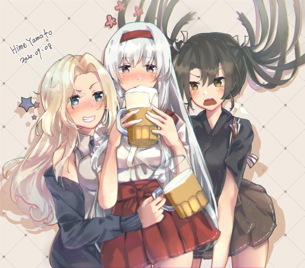 hornet (kancolle) ,shoukaku (kancolle) ,zuikaku (kancolle) multiple girls beer mug mug 3girls long hair twintails cup  illustration images