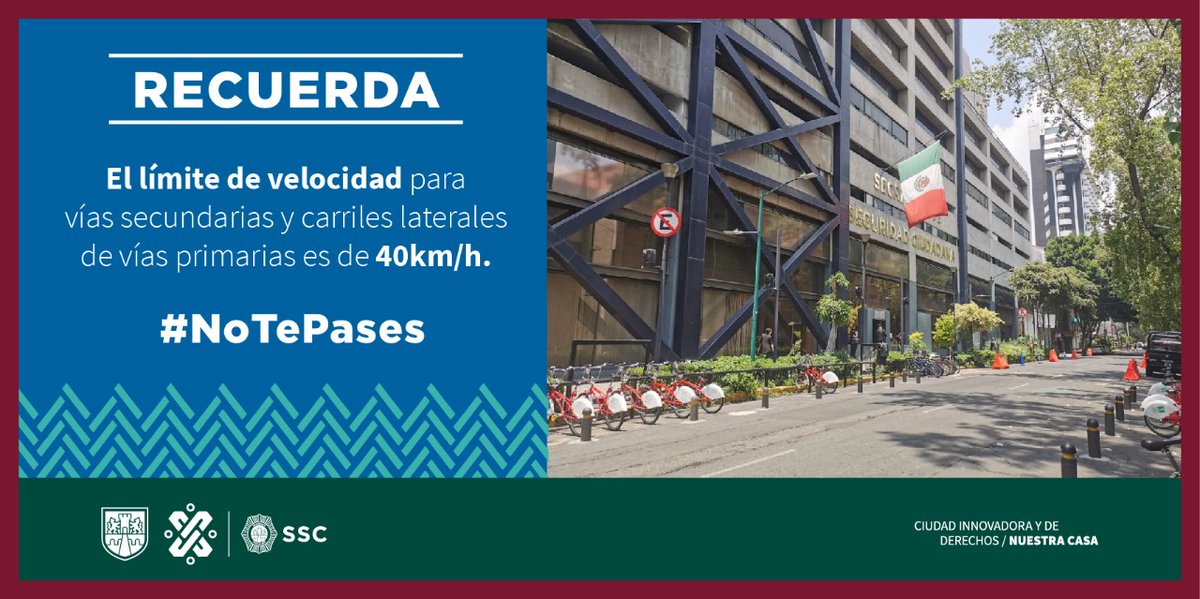 OVIALCDMX's tweet photo. Recuerda que el límite de velocidad para vías secundarias y carriles laterales de vías primarias es de 40km/h. #NoTePases #MovilidadCDMX https://t.co/OXZ6YtbFsW