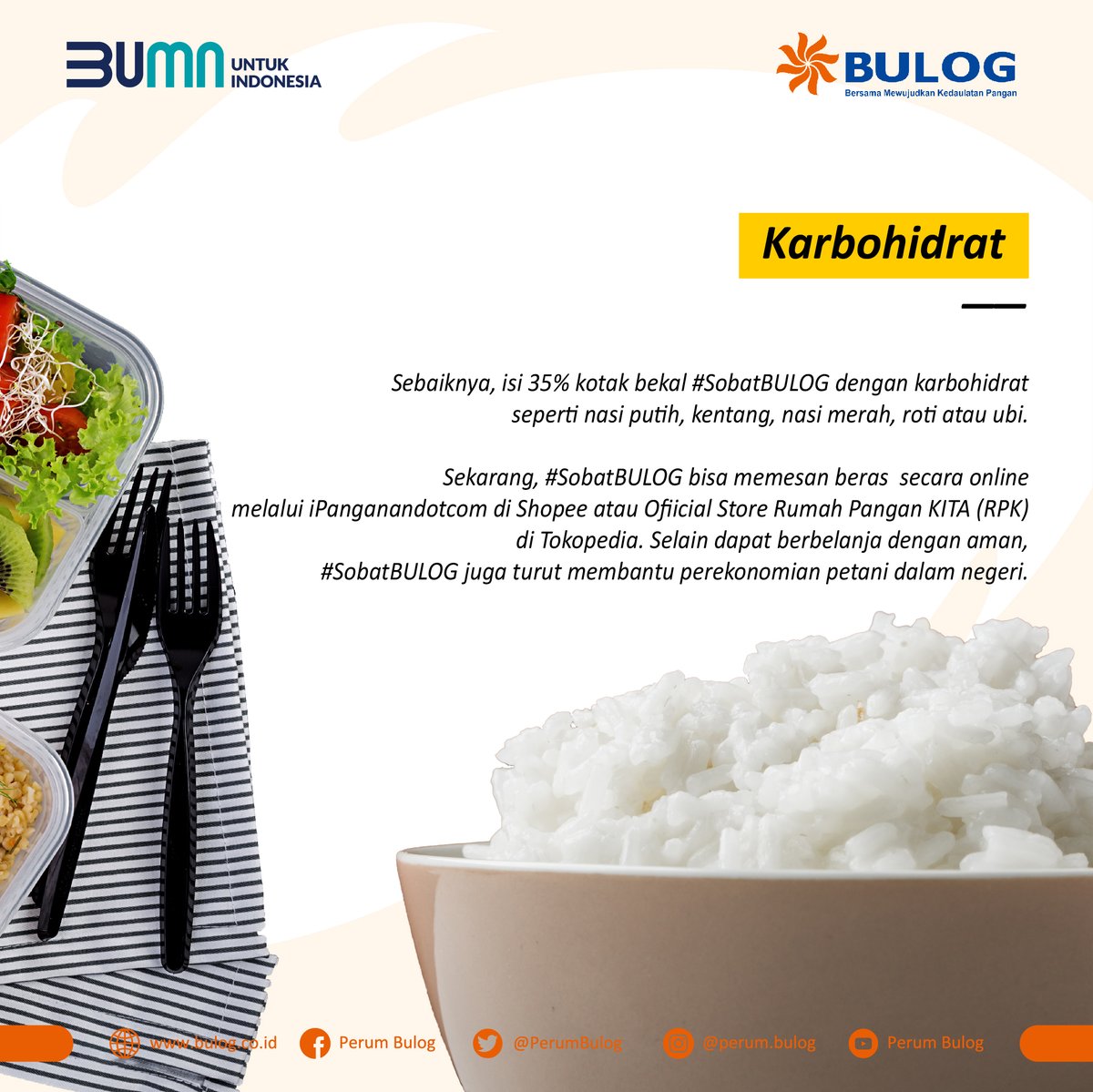 PerumBULOG's tweet photo. Selain menggunakan masker, mencuci tangan, menjaga kebersihan dan berolahraga, menjaga asupan makanan adalah hal yang sangat penting. Mari menjaga asupan makanan supaya imun tubuh tetap terjaga.
Yuk, bawa bekal sendiri dari rumah!
#BULOG #TIPSEHAT #AKHLAK2020 @KemenBUMN https://t.co/6lbWKHbmPr