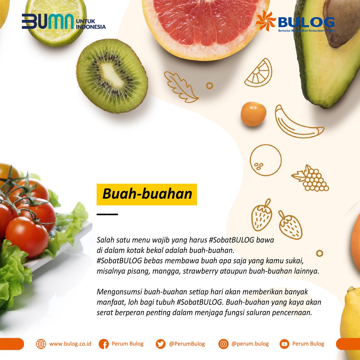 PerumBULOG's tweet photo. Selain menggunakan masker, mencuci tangan, menjaga kebersihan dan berolahraga, menjaga asupan makanan adalah hal yang sangat penting. Mari menjaga asupan makanan supaya imun tubuh tetap terjaga.
Yuk, bawa bekal sendiri dari rumah!
#BULOG #TIPSEHAT #AKHLAK2020 @KemenBUMN https://t.co/6lbWKHbmPr