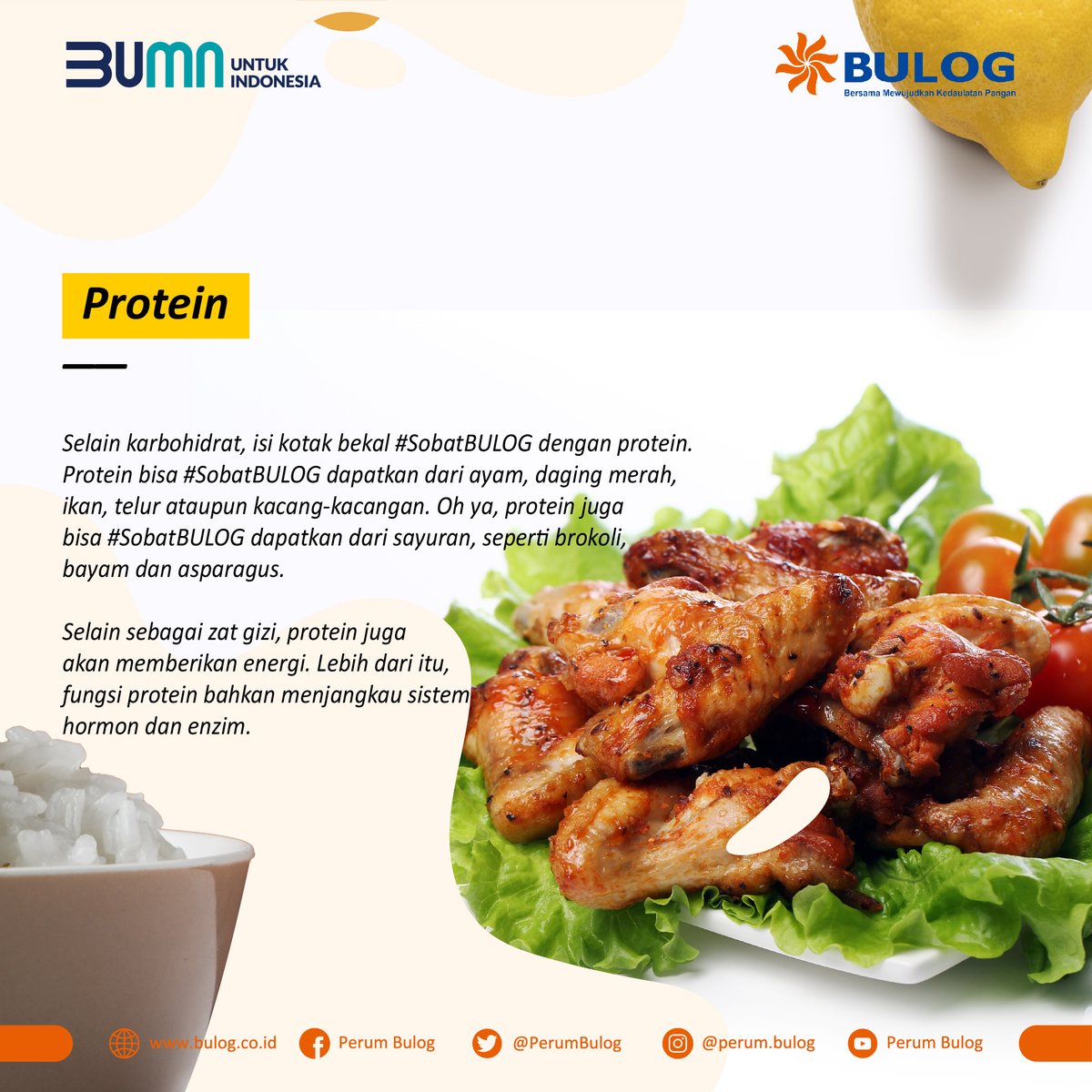 PerumBULOG's tweet photo. Selain menggunakan masker, mencuci tangan, menjaga kebersihan dan berolahraga, menjaga asupan makanan adalah hal yang sangat penting. Mari menjaga asupan makanan supaya imun tubuh tetap terjaga.
Yuk, bawa bekal sendiri dari rumah!
#BULOG #TIPSEHAT #AKHLAK2020 @KemenBUMN https://t.co/6lbWKHbmPr