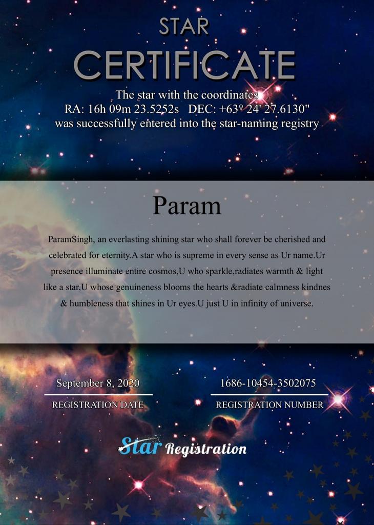 mooonxliight's tweet photo. Dear Param, 
Congratulations for having a star named after you! 🌼
Now, it will always be there in the cosmos visible to everyone. Though you have always been a star, but now there is a star named after the star "Param" that you are. 🌟❤

#ParamSingh
#HappyBirthdayParamSingh https://t.co/1jt15ZPdtm