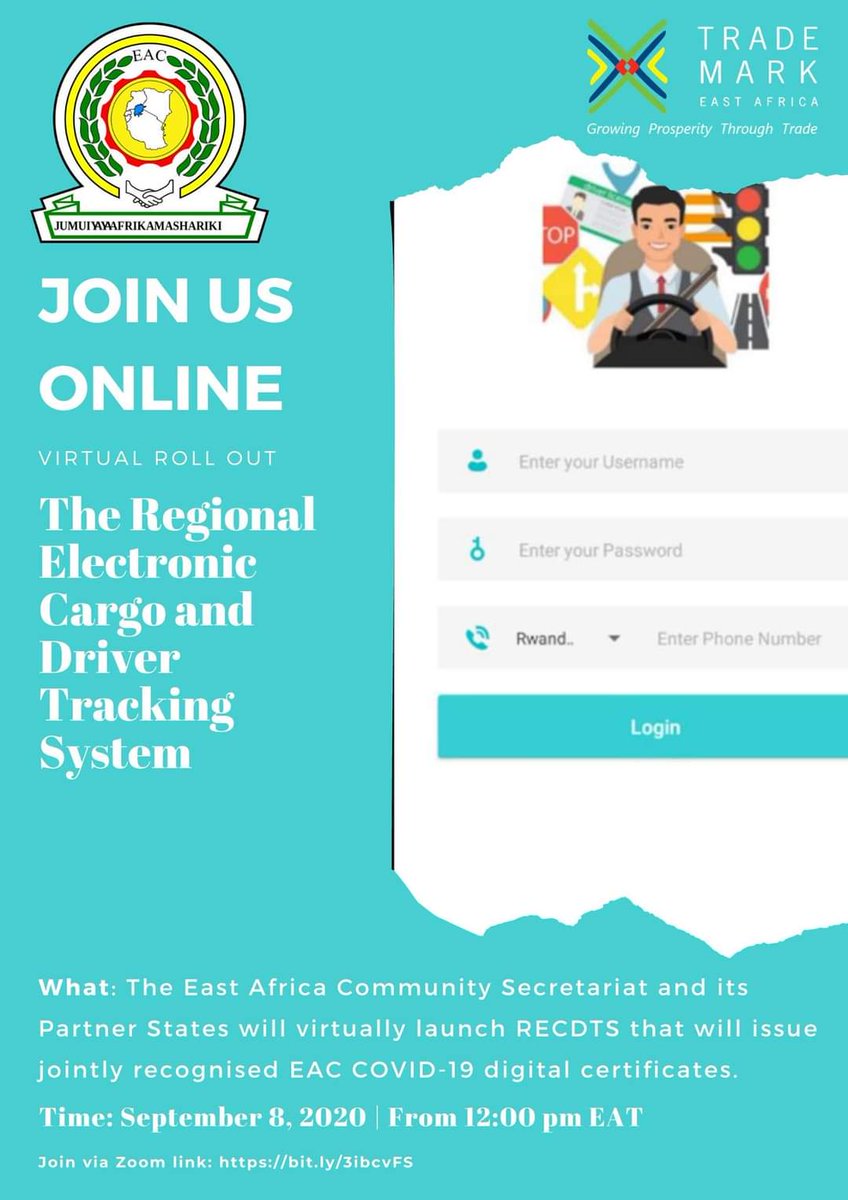 EUinKenya's tweet photo. 🗣Join us today from 12:00 PM EAT for the virtual roll out of the East Africa community Regional Electronic Cargo &amp; Driver Tracking System(#RECDTS)that will issue jointly recognised EAC #COVID19 digital certificates🤝

Link 👉https://t.co/T7FBFsa4js 👈#SafeTrade #KomeshaCorona https://t.co/VDauaSR2HI