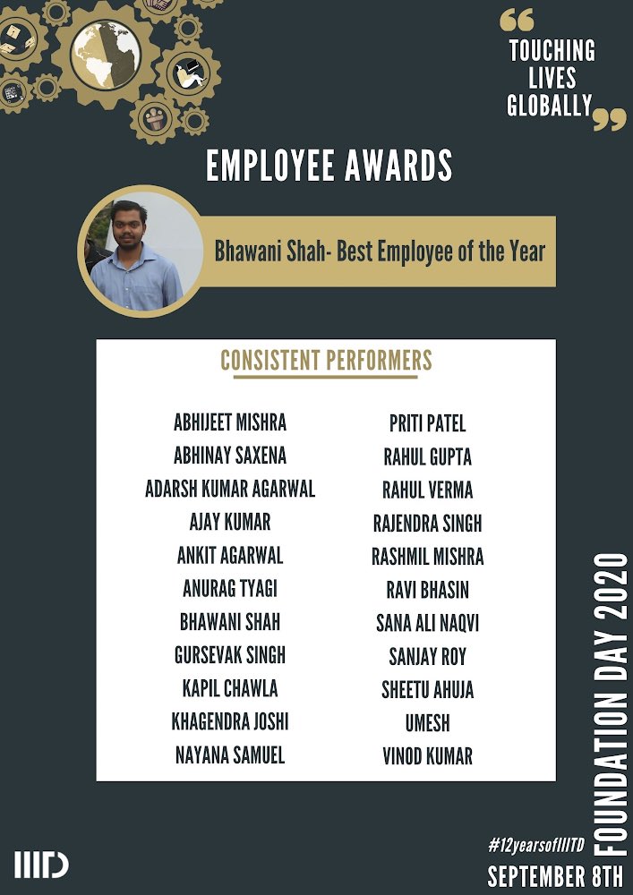 IIITDelhi's tweet photo. Announcing the Employee Awards for #FoundationDay2020. Congratulations to all the officers!!
#12yearsofiiitd #iiitdcommunity #IIITD #IIITDelhi https://t.co/9w3ctEkGjx