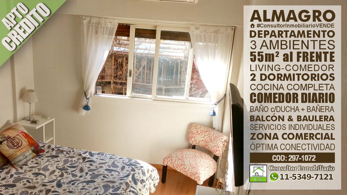 CI_Inmuebles's tweet photo. 🏠#ConsultorInmobiliarioVENDE #depto #3ambientes 55m² c/living-comedor, #2dormitorios #conPlacar comedor diario #bañoCompleto #balcón #alFrente #serviciosIndividuales zona comercial d/#Almagro Cód:297-1072
+FOTOS👉https://t.co/jKdHDxawZH 
+INFOxWhatsApp 11-5349-7121
#BuenMartes https://t.co/qCLKqKhMFe