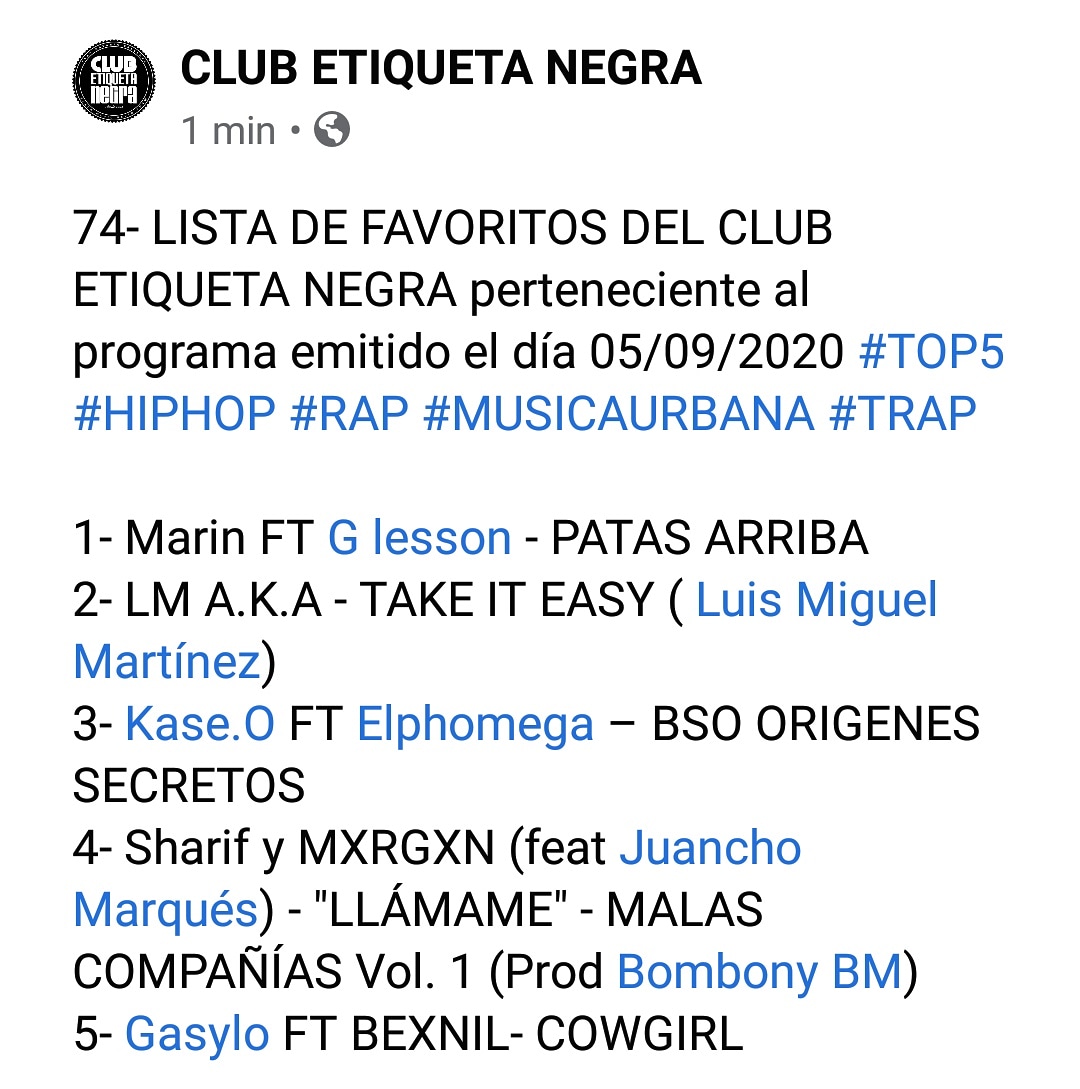 c_etiquetanegra's tweet photo. 74- #LISTADEFAVORITOS DE LA SEMANA EN EL #CLUBETIQUETANEGRA con #Gasylo @SharifFernandez @zgzmxrgxn @KaseO_real @Elphomega4Real @Rderumba_real #LMAKA @Marin_lajnostra @GLessonBeats
Escucha el programa completo en este link :  https://t.co/xl2wcNCoK9 https://t.co/Az04NfijCe
