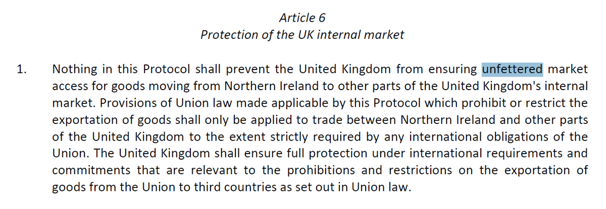 Let's start with the Northern Ireland protocol. This is one of the key paragraphs at issue. "unfettered" access for goods from Northern Ireland. The word is not defined in the treaty, so we'll need to go to the dictionary definition... 2/