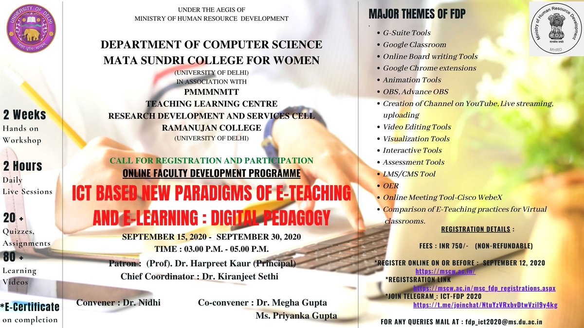 nnidhijnu's tweet photo. Two Weeks' FDP on "ICT Based New Paradigms of E-Teaching and E-Learning : Digital Pedagogy " under the aegis of MHRD from September 15-30, 2020. 

Registrations are open !
Visit : https://t.co/ZcEN8M4OR4
https://t.co/PySzFajYDA https://t.co/DVm6AhSWJ0