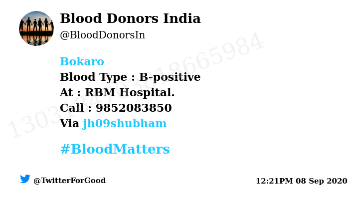 BloodDonorsIn's tweet photo. #Bokaro
Need #Blood Type :  B-positive
At : RBM Hospital. 
Blood Component : Blood
Number of Units : 2
Primary Number : 9852083850
Via: @jh09shubham
#BloodMatters
Powered by Twitter https://t.co/WC5MMfsir5