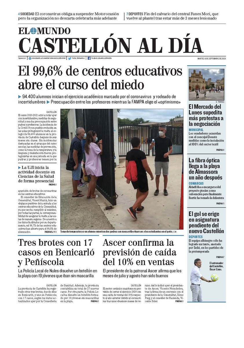 ximogorriz's tweet photo. Hoy martes 8 en las #portadasdeCastellón, #vueltaalcole @GVAeducacio #miedo @UJIuniversitat #Covid_19 #cerámica @ASCER_comunica #Xulla @FestesVilareal #UCI #vacuna #ocio #boudecarrer @pauttorres #brotes #Benicarló #Peñíscola #MercadodelLunes @ajalmassora @CD_Castellon y más https://t.co/knkXhL0Oqp