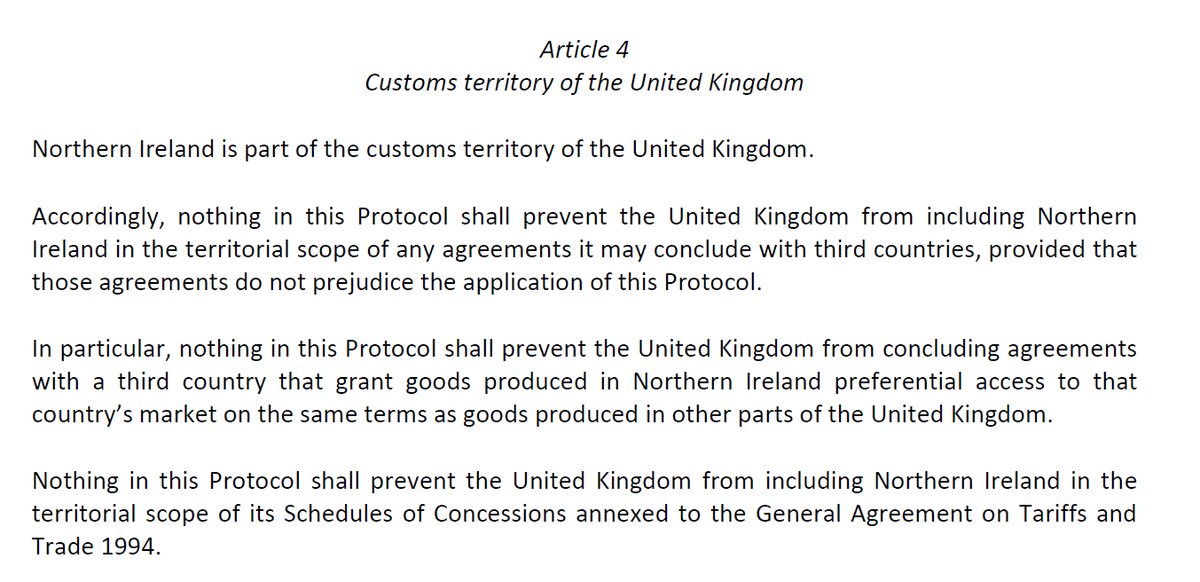 Is there a contradiction to Article 4, which clearly states Northern Ireland is in UK customs territory. Certainly here there is ambiguity. But arguably the focus on UK trade deals makes clear the focus here. Northern Ireland is a unique territory with regard to obligations 6/