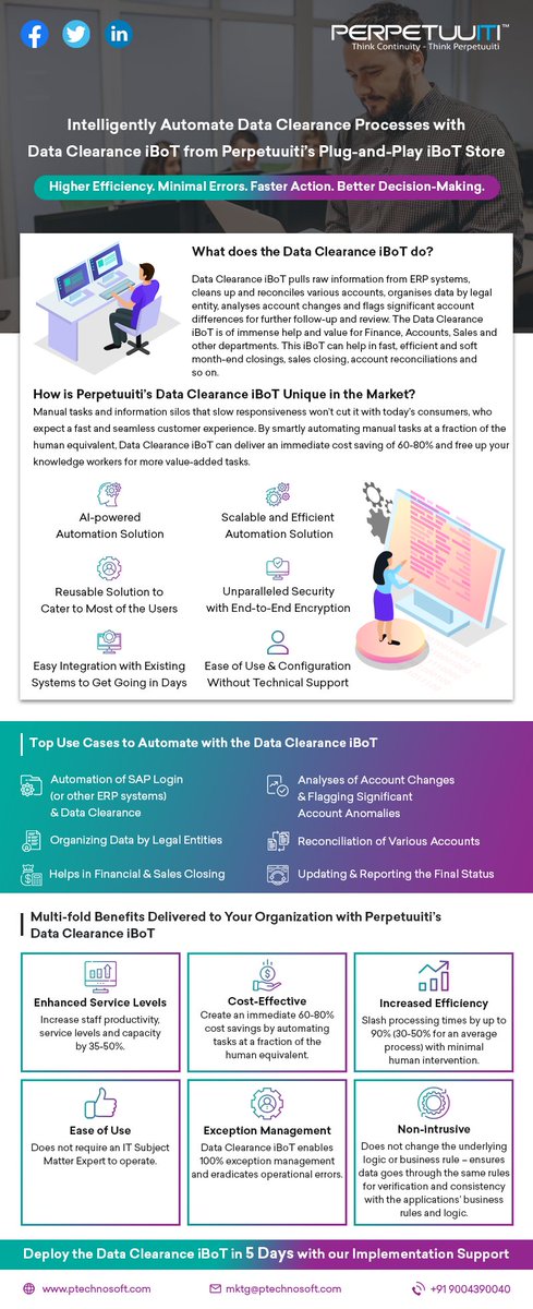 Intelligently Automate the Data Clearance Process with Data Clearance iBoT from Perpetuuiti's Plug-and-Play iBoT Store.
Read More about the Data Clearance iBoT and other Plug-and-Play iBoTs from Perpetuuiti: ptechnosoft.com/iBoT_Store.html
#dataclearance #dataclearanceservices