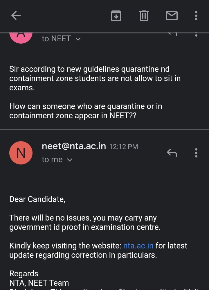 Antibiotics_1's tweet photo. NTA replied, there 'll be  no issues
u can appear in NEET no matter u r covid postive, quarantined or in containment zone just keep any government I'd proof with u in center.

I think they are high on weeds🙄
 #POSTPONE_NEET_BEGGING_MOE
#ParentsDemandPostponeNEET 
@Swamy39 https://t.co/1TuLCeeSZr