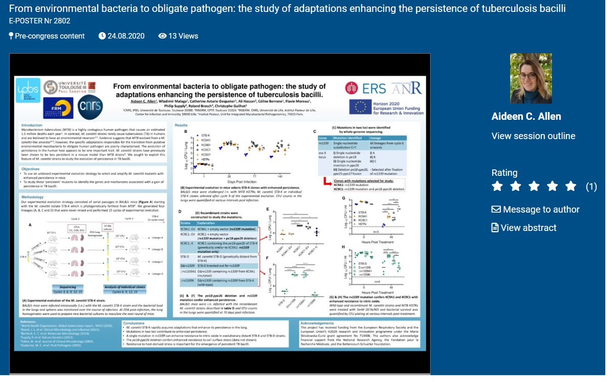 AllenAideen's tweet photo. Come check out my e-poster (#2802) at the #ERSCongress where I explain the work I've been doing on #tuberculosis as part of my RESPIRE3/Marie-Curie fellowship! @EuroRespSoc @MSCActions @EarlyCareerERS https://t.co/PpNZvUDgfN
