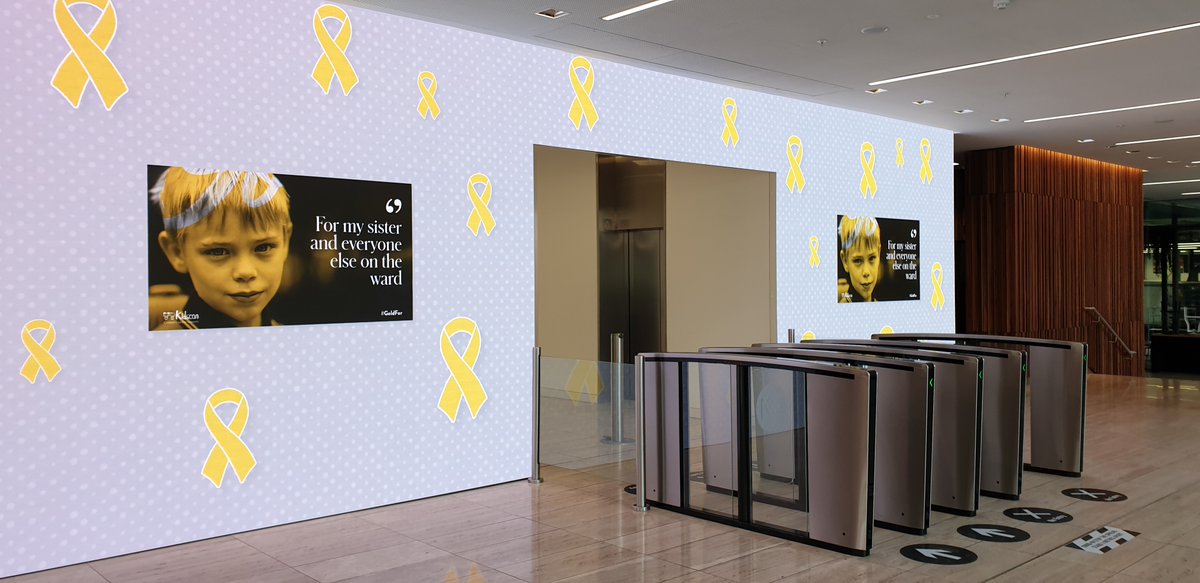 Kidscan_UK's tweet photo. It's amazing to see our #GoldFor campaign on the screens @no1spinningfds who are helping us to raise awareness of #ChildhoodCancer this September.  

If you are heading into the office make sure you get your Gold pin badge in reception next to our #contactless donation point! https://t.co/cNgMs6cnrm