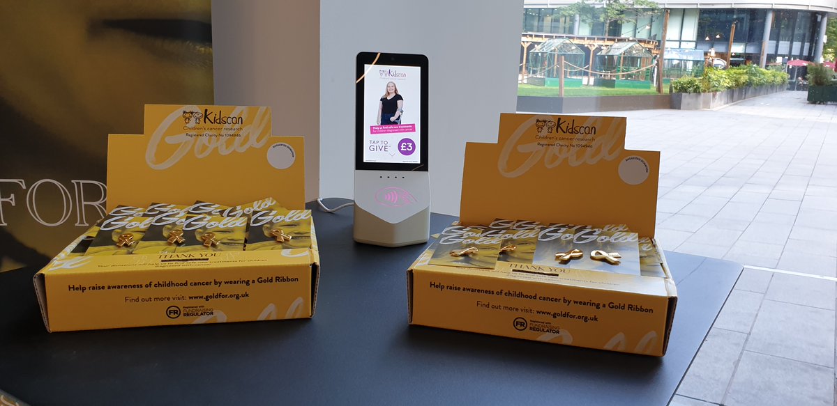 Kidscan_UK's tweet photo. It's amazing to see our #GoldFor campaign on the screens @no1spinningfds who are helping us to raise awareness of #ChildhoodCancer this September.  

If you are heading into the office make sure you get your Gold pin badge in reception next to our #contactless donation point! https://t.co/cNgMs6cnrm