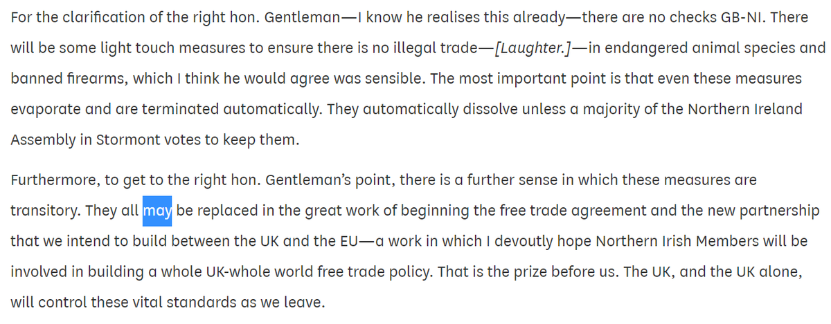 22 October 2019: Johnson (recognising if no trade deal is struck there will be checks at the GB-NI border) "there are no checks GB-NI" but such checks as there are "all may be replaced in the great work of beginning the free trade agreement" ( https://bit.ly/2NjCwEX ).