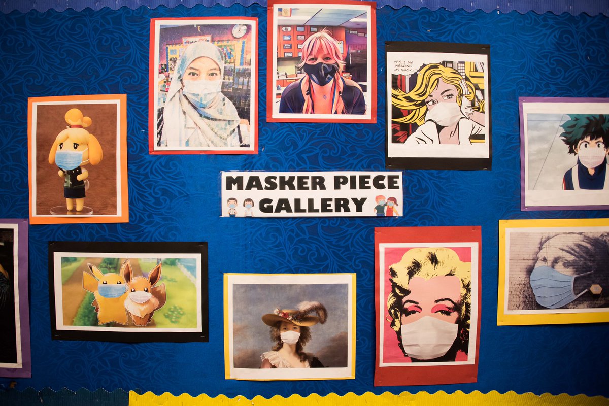SAmericanSchool's tweet photo. We spotted some super creative bulletin boards as we walked down the elementary art hallway! #SASedu #maskerpiece #art #maskup #safetyfirst #Eagles https://t.co/7pwTeM8CTJ