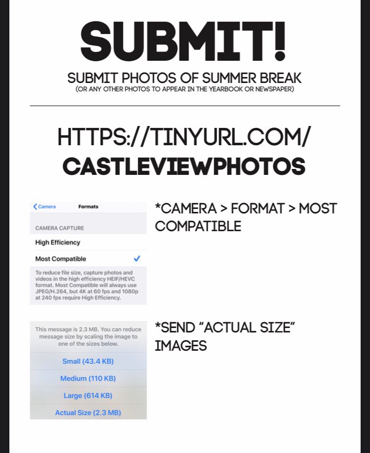 CVstudentmedia's tweet photo. Attention Castle View students! Our media team is hosting a social media contest! To enter, follow the social media accounts, then fix your camera settings on your phone. After, submit your photos to the url! You must follow all of the accounts for your photo to win! Good luck! https://t.co/e1EiVBGXaH