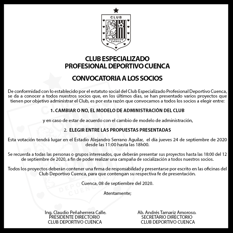 DCuencaOficial's tweet photo. 🔊COMUNICADO 📝
Asunto: Convocatoria a los Socios. https://t.co/GwyHhERH0j