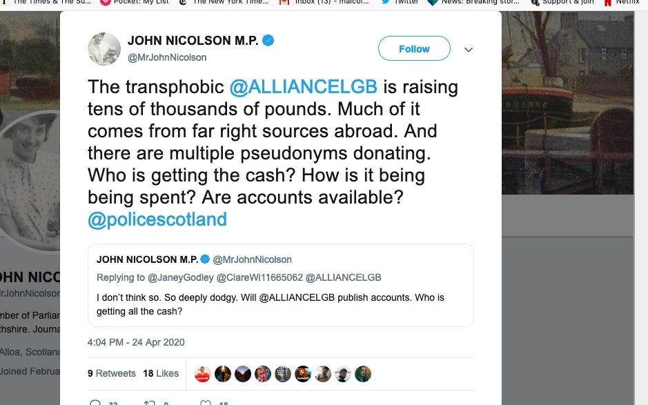 14./ Critics would perhaps be less worried if we didn't have proof that influential members of the SNP already like to throw around accusations about hate speech. Here's Humza's colleague  @mrjohnnicolson doing exactly that accusing  @ALLIANCELGB of being transphobic.