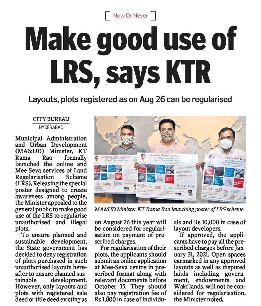 PrlsecyMAUD's tweet photo. #LRS2020
Hon'ble Minister for MAUD @KTRTRS has urged property owners to make use of this opportunity and regularise unauthorised and illegal plots.
Plots and layouts with registered sale deeds as on 26th Aug, 2020 will be considered.
Last date for registration is 15th Oct, 2020. https://t.co/9D1zgB51ux