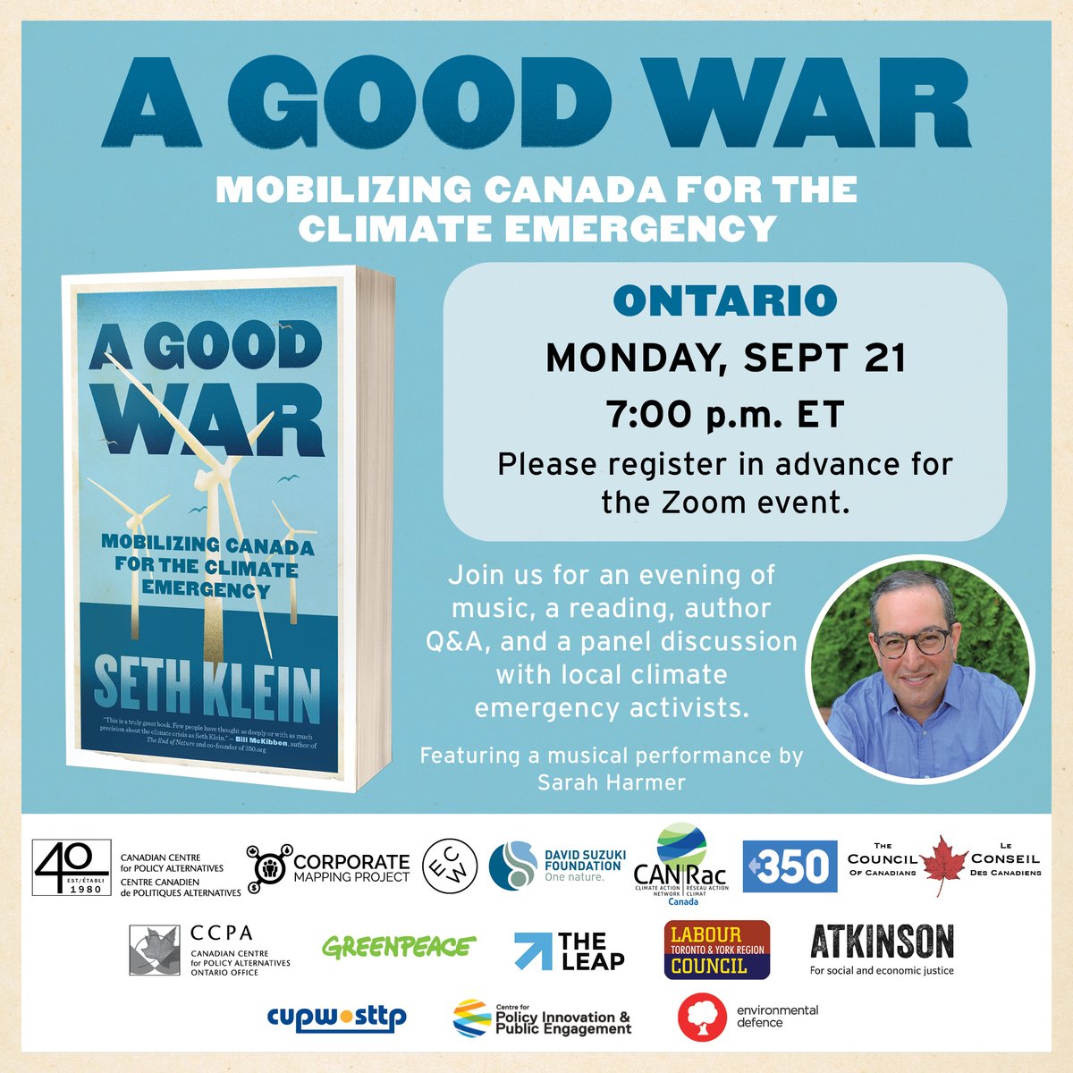 Sept 21 @ 7:00 is the Ontario Book Launch, with musical guest  @sarah_harmer and a terrific panel of local climate emergency activists. You can register here:  https://us02web.zoom.us/webinar/register/WN_bUCAZYvNSiuyjL225M3WBQ