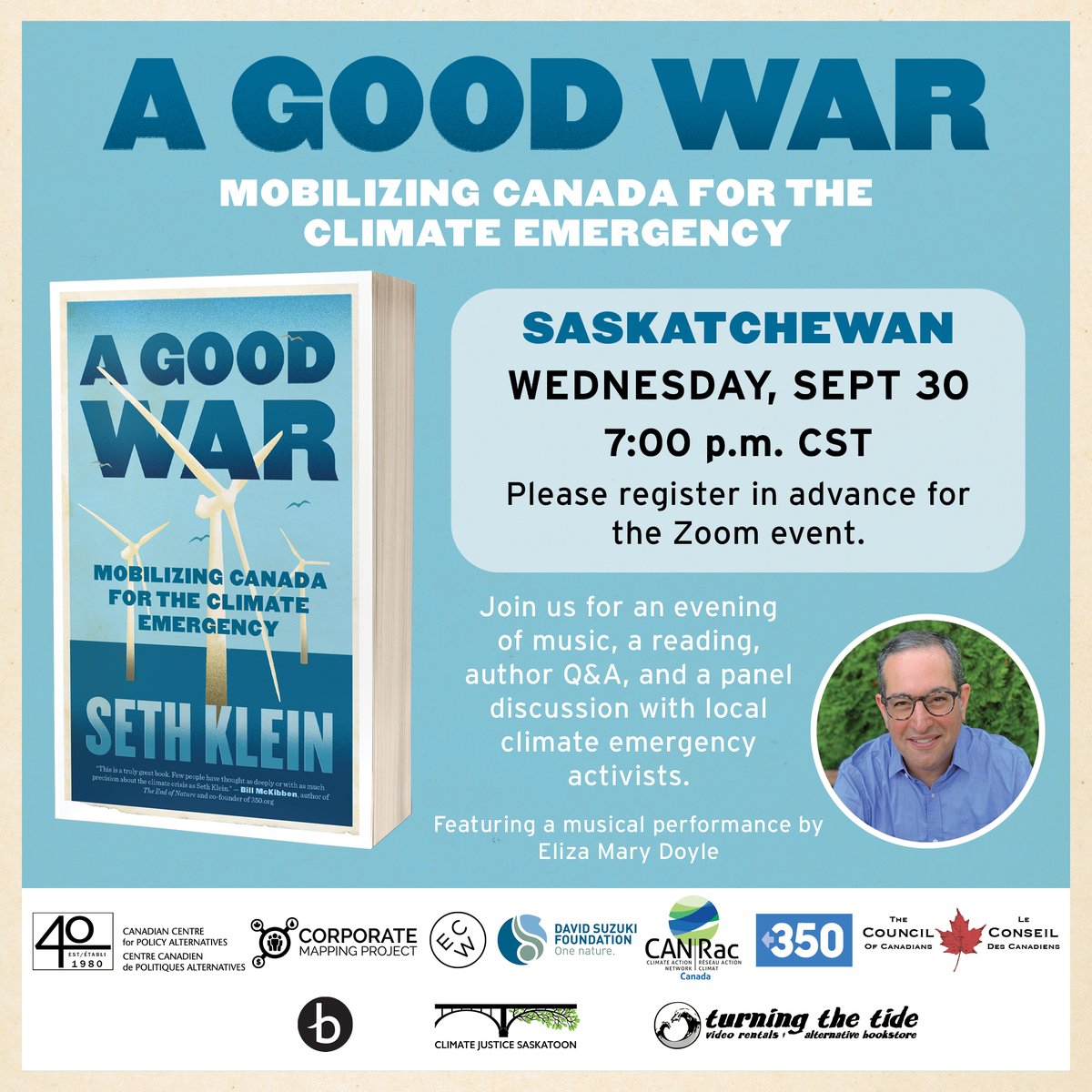 Sept 30 @ 7:00 is the Saskatchewan Book Launch, with musical guest  @elizamarydoyle and a great panel of local climate emergency activists. You can register here:  https://us02web.zoom.us/webinar/register/WN_h0F_UPBOTUGB-S22Nh-UcQ