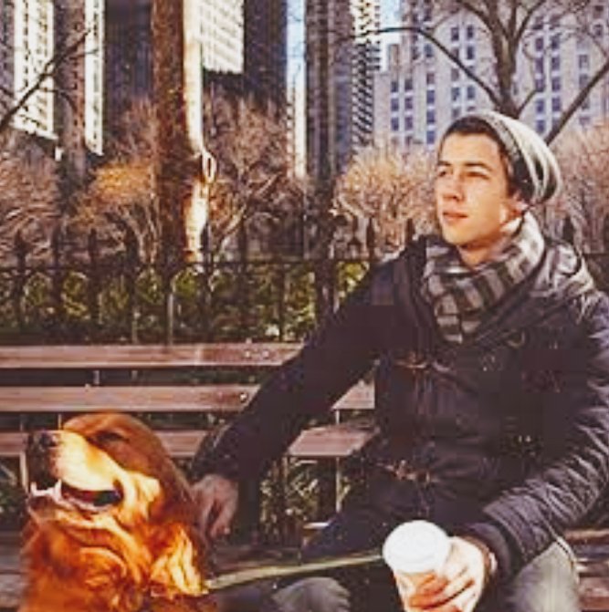 Laura1375's tweet photo. Day 1: What happen to Elvis the dog? 
This question a lot of #Iconicks fans ask all the time. When Nick was 16 years old Nick receive a Elvis as a gift. I love this picture of him and Elvis. New York City, coffee, &amp; your best friend is all you need in life. #16daysofnickjonas https://t.co/s1kuLnM8wO