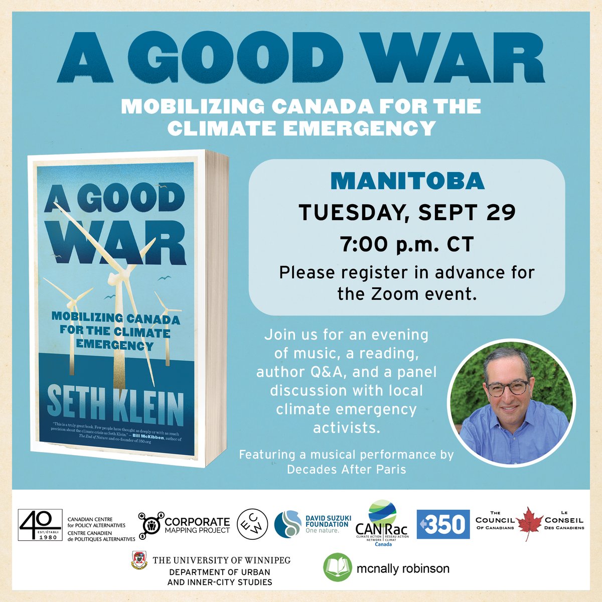 Sept 29 @ 7:00 is the Manitoba Book Launch, with musical guests  @DecadesAP and a great panel of local climate emergency activists. You can register here:  https://us02web.zoom.us/webinar/register/WN_8pFyGxrgStGNae3EcN2pnA