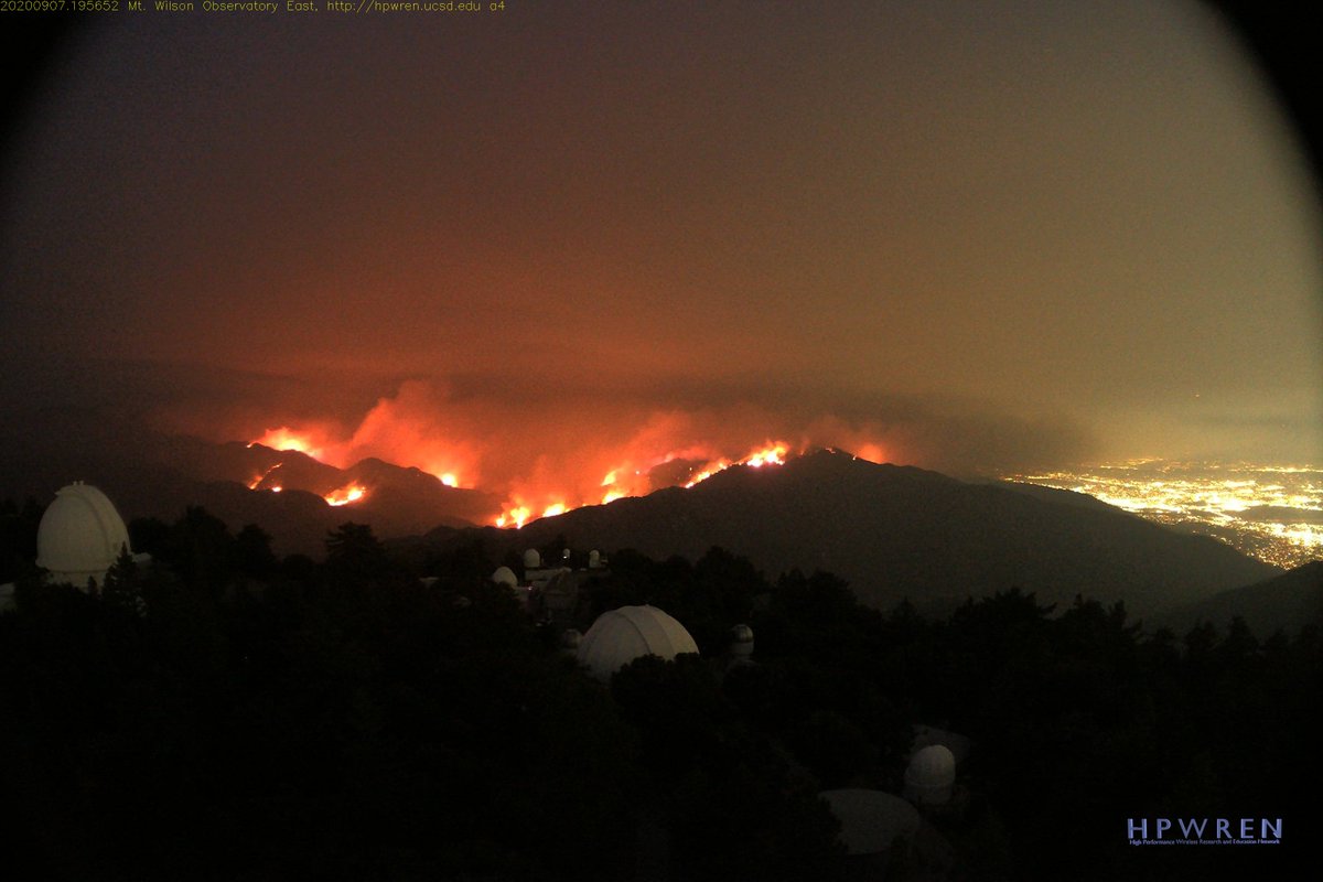 Latest shot from the HPWREN camera at Mount Wilson as night falls on the  #BobcatFire