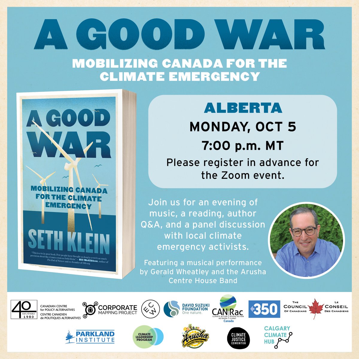And Oct 5 @ 7:00 is the Alberta Book Launch, with musical guests Gerald Weatley and the Arusha Centre Band, and a great panel of local climate emergency activists. You can register here:  https://us02web.zoom.us/webinar/register/WN_siUoonIEQ_CFIQcBd6BJuA