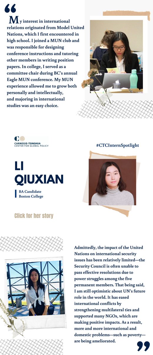 CarnegieChina's tweet photo. #CTCInternSpotlight Li Qiuxian, a 2020 summer Carnegie–Tsinghua Young Ambassador on the research team, explains how @UN has shaped both her personal development and international relations.
👇 Click the image below for her insights. https://t.co/FyYEOuQjJC