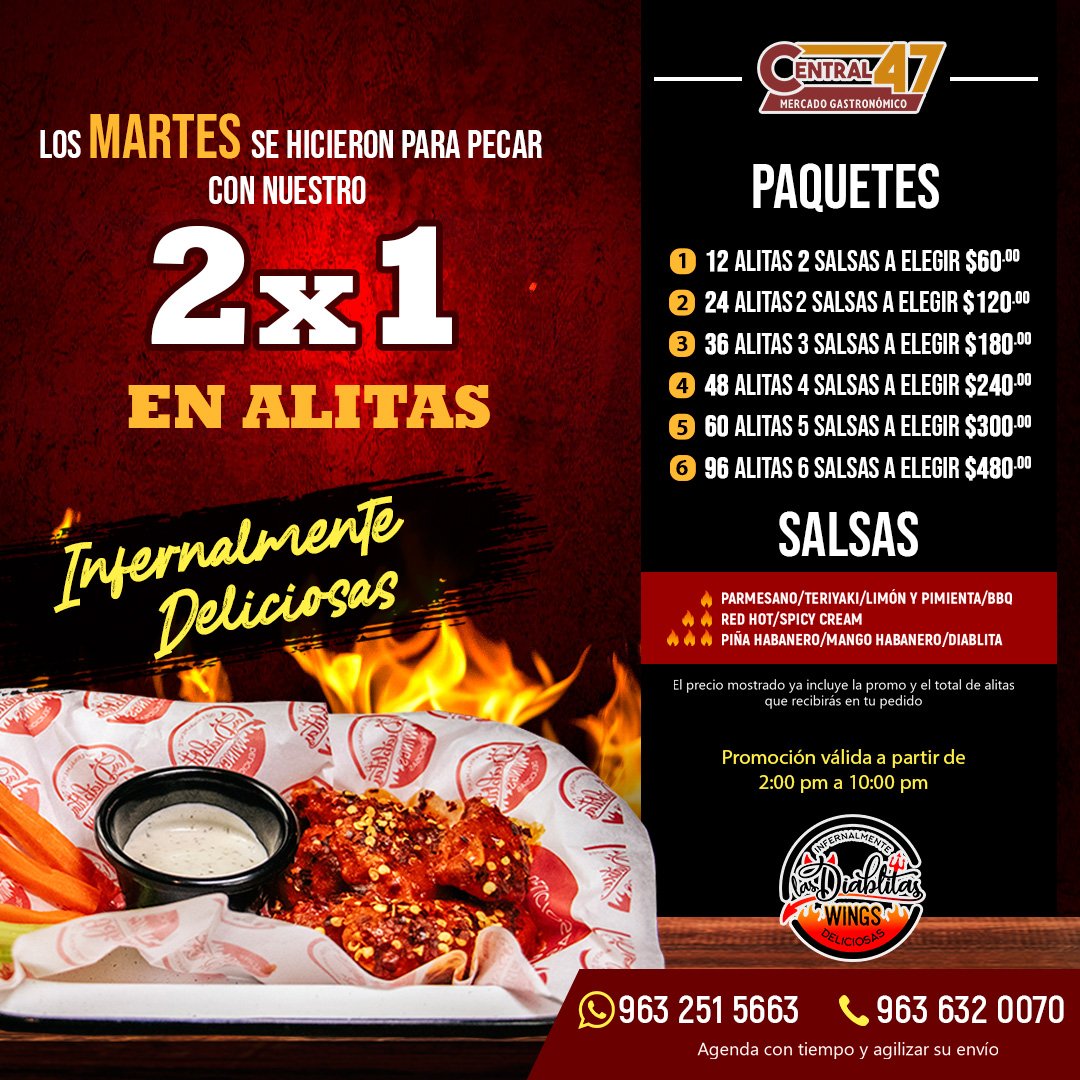 Central471's tweet photo. Los martes no te puedes resistir a caer en la tentación de nuestro 2x1 en Alitas de 14:00 a 22:00 hrs. 😋

Te esperamos en el interior de #Central47 o pídelas en servicio a domicilio: WhatsApp: 📲 9632515663 Teléfono ☎️ 9636320070.

⏰ Agenda con tiempo tu pedido. https://t.co/8EQpN5e0LI