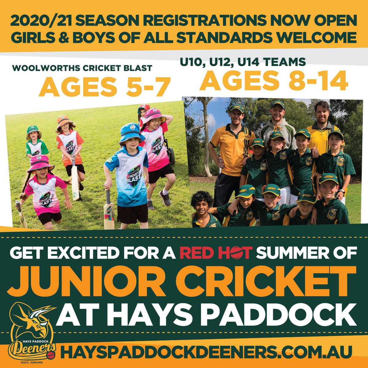 The 2020/21 Junior Cricket season is ready to go! The Deeners are waiting to see you down at Hays Paddock for a (post lockdown) summer of Cricket. 

🏏 REGISTER TODAY: playcricket.com.au/club-finder/cl… 

#hayspaddock #hayspaddockdeeners #juniorcricket #Cricket