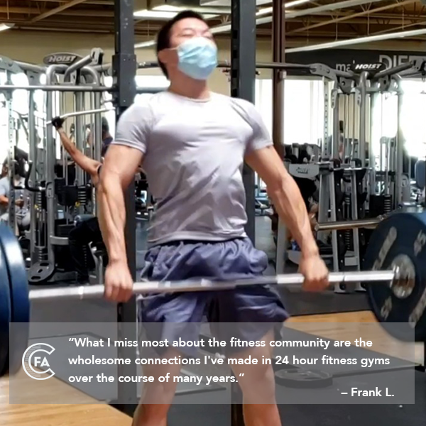 CAFitAlliance's tweet photo. Thanks Frank and we're sure your connections miss you too! #gymsfightcovid #fitnessisessential https://t.co/sI7exbFBWn