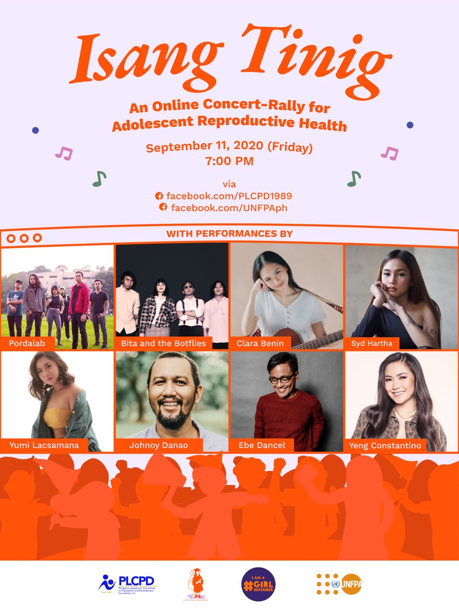 UNFPAph's tweet photo. How can we support the #Youth and defend the rights of young women and girls?
Join the concert rally of @PLCPD1989 on 11 Sept., Friday, 7:00 PM to know how each of us can be a #GirlDefender!
This will also be streamed on https://t.co/1RvEKVCPXP. https://t.co/oCXNY0tmNV