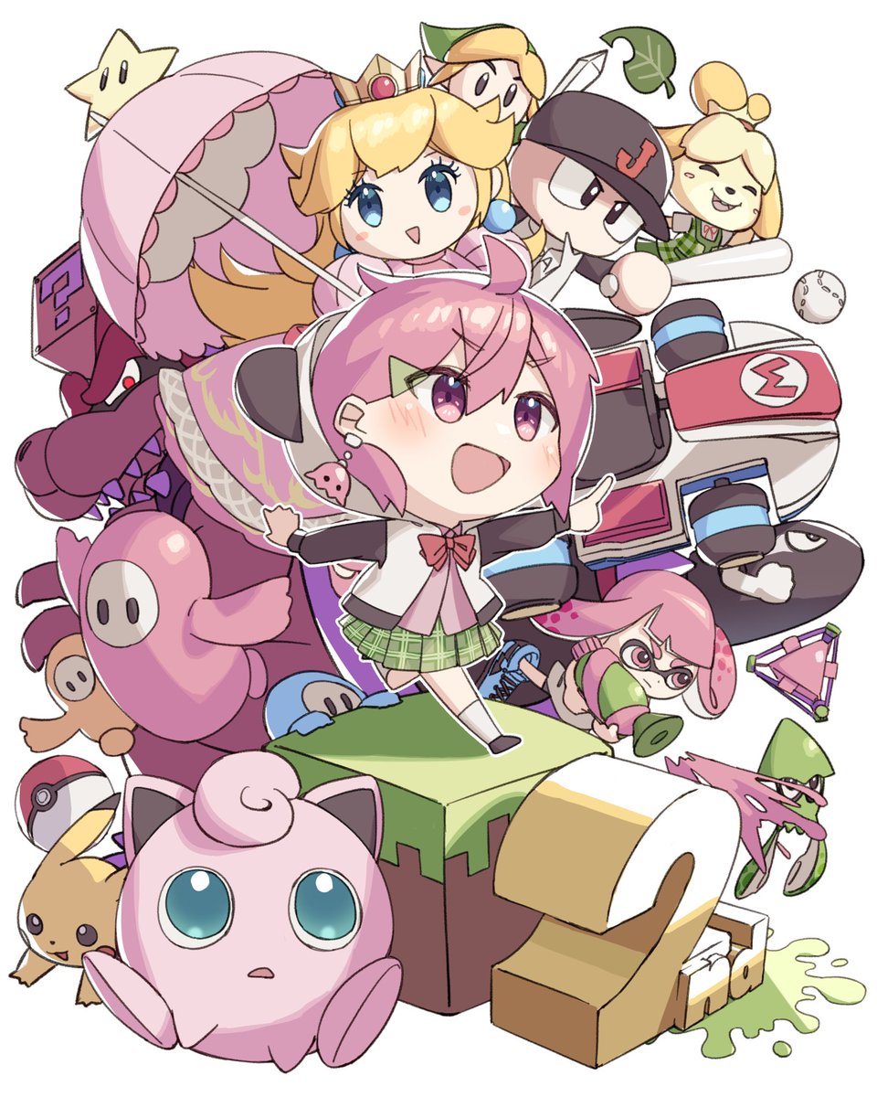 インクリング ,イカガール(スプラトゥーン) ,インクリング ,しずえ(あつ森) ,プリン ,カービィ ,ピカチュウ ,ピーチ姫 「2周年おめでとう!!?
3年目も推していきます!!
 #笹の絵 」|おかりんのイラスト