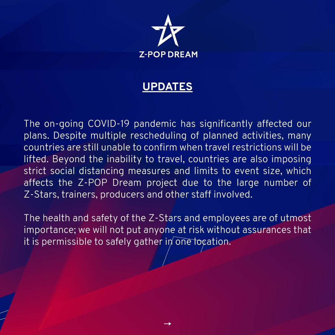 zpop_official's tweet photo. The on-going COVID-19 pandemic has significantly affected the plans for the Z-Stars and the Z-POP Dream project. We sincerely appreciate your understanding of the situation and thank you for your continuous support. 🙏 https://t.co/h2oUZESp27