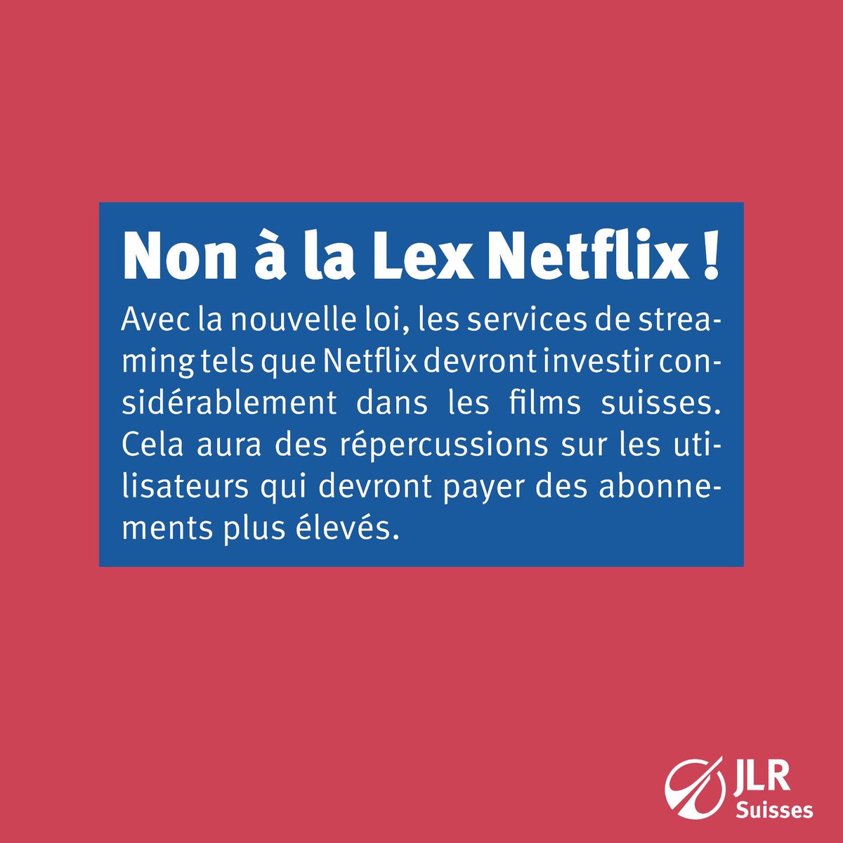 JLR_CH's tweet photo. Les JLRS s'opposent à cette façon passéiste de gérer l'innovation. 

Les contenus de qualité trouveront une place sur les platesformes de streaming, pas besoin de quota imposé par l'État. https://t.co/aLGqtGg1Zn