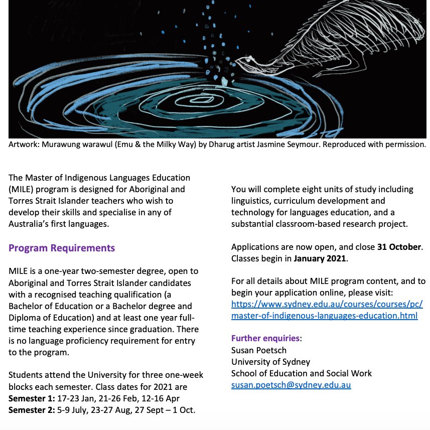 LivingLangs's tweet photo. Applications for the 2021 Master of Indigenous Languages Education (MILE) program are open from now until 31 October. Course content details, class block dates, information about fees, and link to the online application are available here: https://t.co/BLJKbbCiQH https://t.co/34aRL97kOI