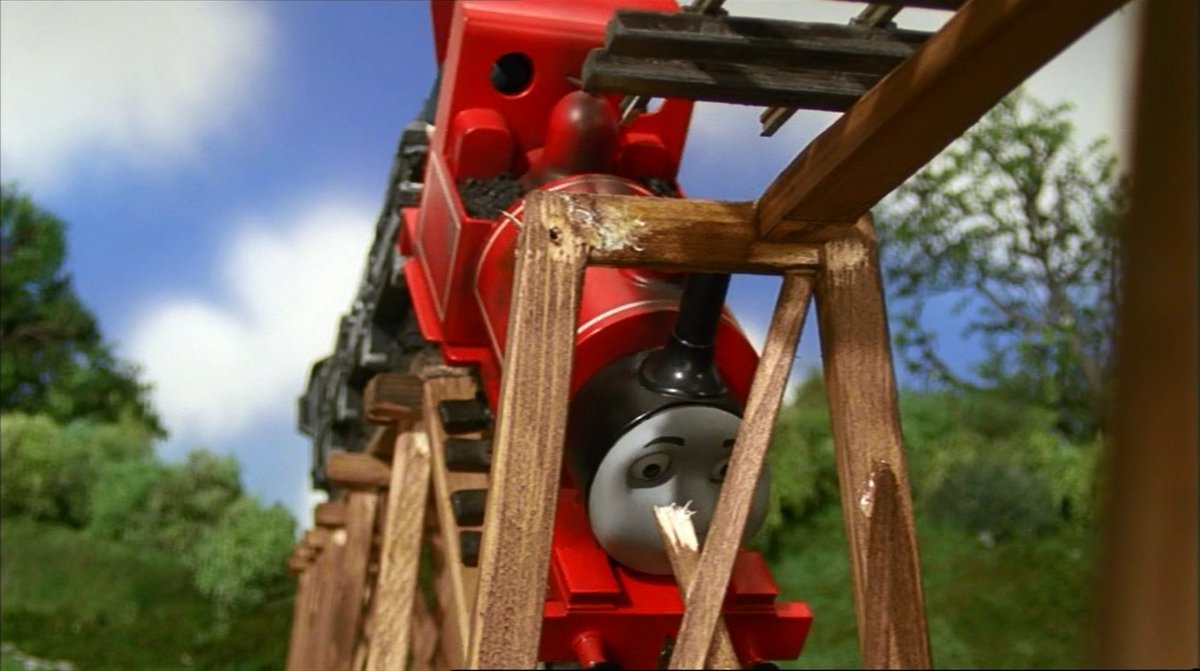 Look, if THIS happened to me and I got away as unscathed as Skarloey did I wouldn't set foot (wheel?) on that bridge again either. Even if the drop didn't kill him or anything, the damage would be pretty extensive no doubt. Skarloey had every right to be afraid of the bridge.